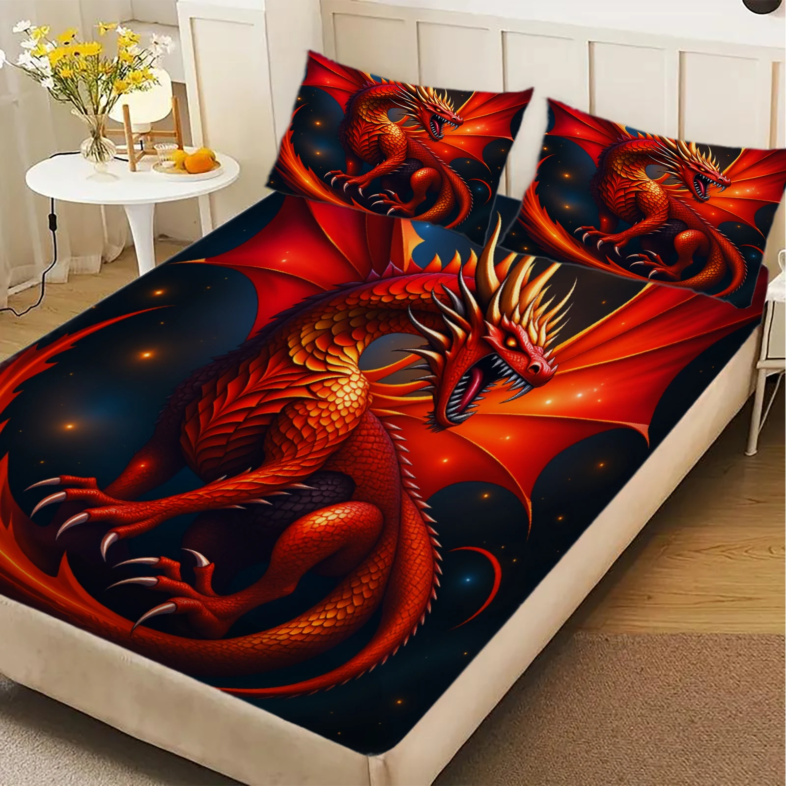 3pcs Fitted Sheet Set Dragon 3D Printed Red Dragon Easy Care Durable Bed Sheet With Pillowcases For Bedroom Decor