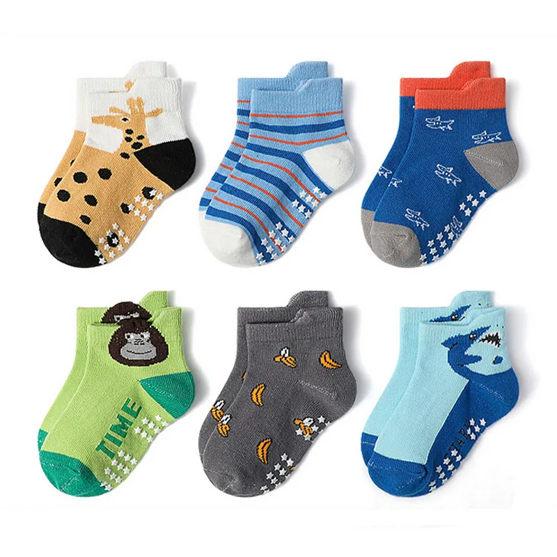 6/12 Pairs Kids Non-Slip Socks Cartoon Animal Pattern Cotton Floor Socks For Boys Baby Toddler All-Season