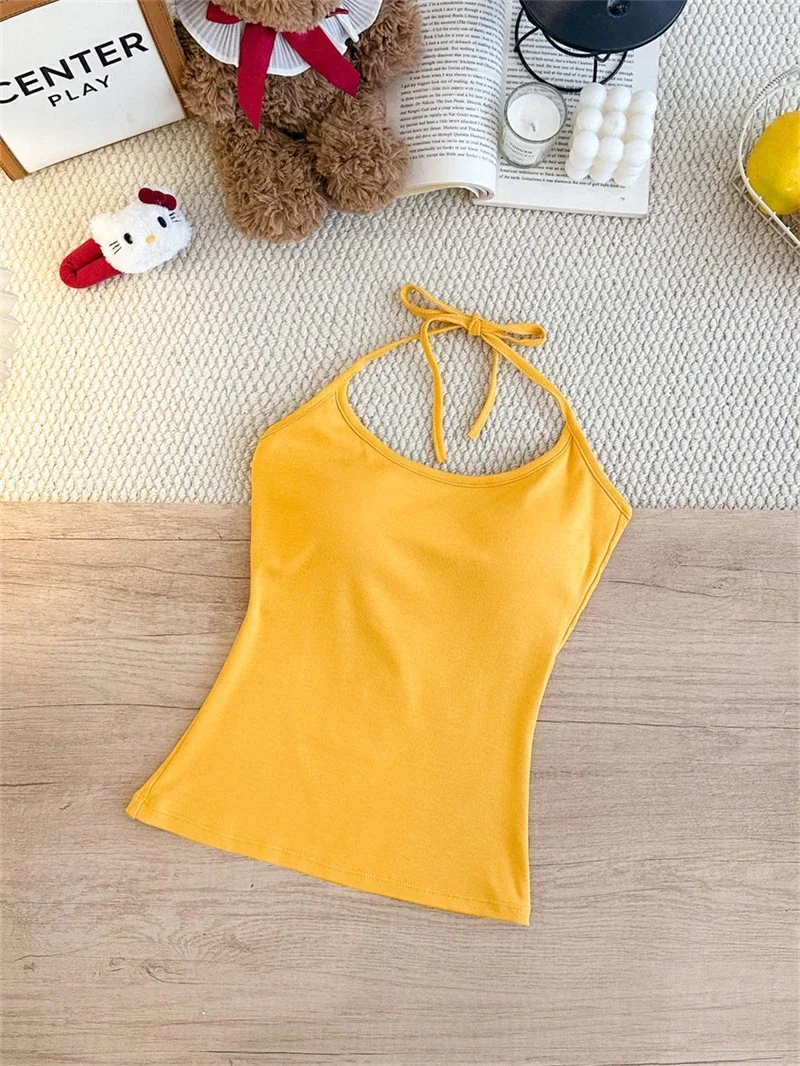 Koreanischer Stil Mehrfarbiges Crop-Top mit Bindeband und integriertem BH-Pad – Sexy, eng anliegendes Tanktop für Damen – Detail 17