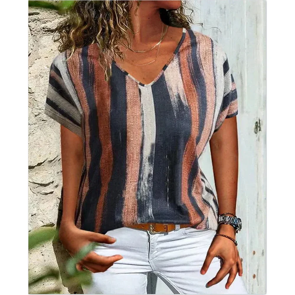Striped Color Block 3D Printed T-Shirts Women\'s Casual Fashion Vintage Short Sleeve V-Neck T Shirt Girl Tees Tops Woman Clothing