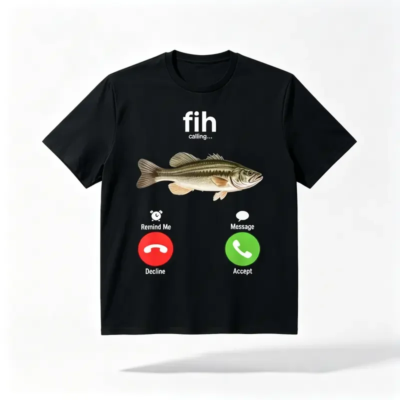 Fun Fishing Printed T-Shirt - 'The Fish Is Calling' Fish Shape Pattern With Answer/Hang Up Call Button - Lightweight Daily T-Shirt