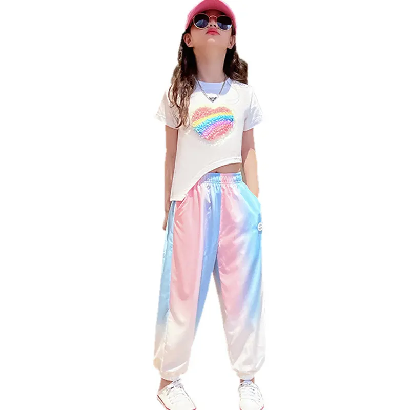 

Teen Girls Summer Fashion Outfits Cotton Short Sleeve Heart Tshirt + Pants Rainbow Casual Style Streetwear Children Clothing Set