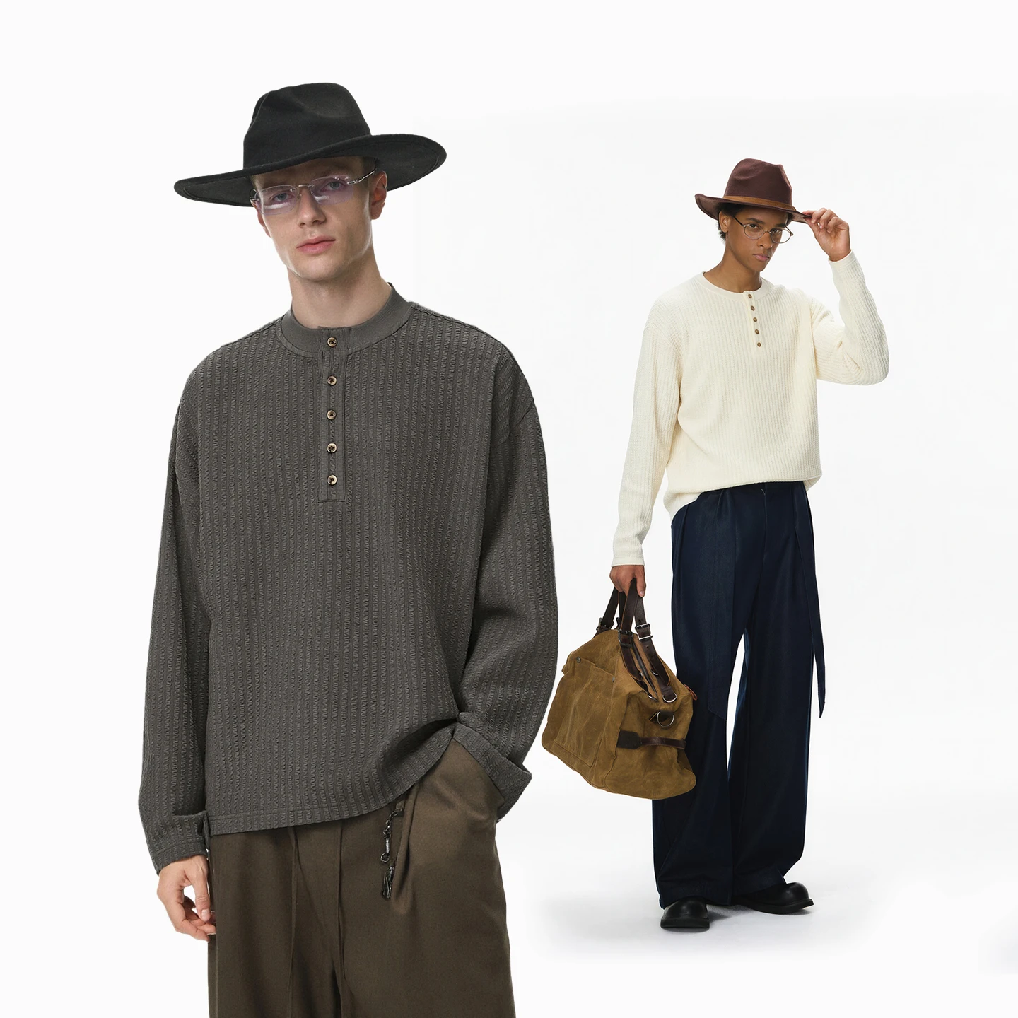 

Модная мужская футболка, осень 2024, новая повседневная свободная мужская футболка с длинным рукавом, однотонная мужская футболка с воротником Генри