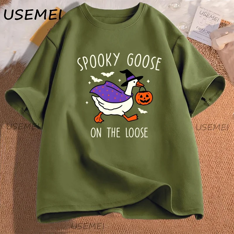 Spooky Goose T Shirt Halloween Tshirt Witchy Silly Goose Lover Tee Trick or Treat Graphic T Shirts Cotton Short Sleeve Tops