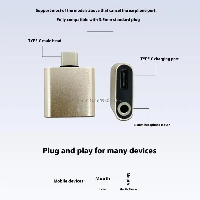 

Simultaneous Charging And Sound USB C Adapter 3.5mm 3.5mm Output Socket Adapter Metal Texture for Electronics Gadgets