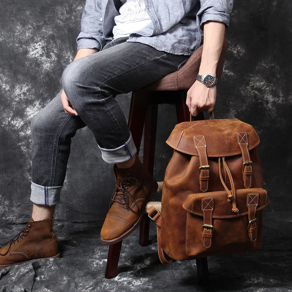 S.WORKER Vintage Echtleder-Rucksack für Herren, Reise-Vintage-Crazy-Horse-Schultasche, Große Laptop-Schultertasche aus Rindsleder für Männer – Detail 4