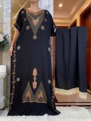 New Dubai Women Party Dress abiti estivi a maniche corte con grande sciarpa di pizzo ricamo in cotone allentato Maxi Lady Islam Clothes