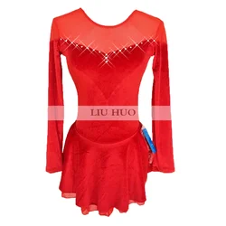 LIUHUO Figure Skating Dress Women's Girls' Ice Roller Round Neck Long Sleeve Adults Kids Dance Leotard Costume Ballet Skirt Red