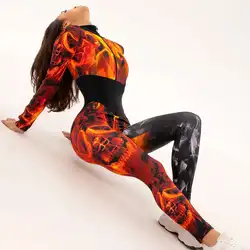 Primavera autunno fuoco stampato maniche lunghe cerniera tute sportive per le donne sport palestra tuta intera