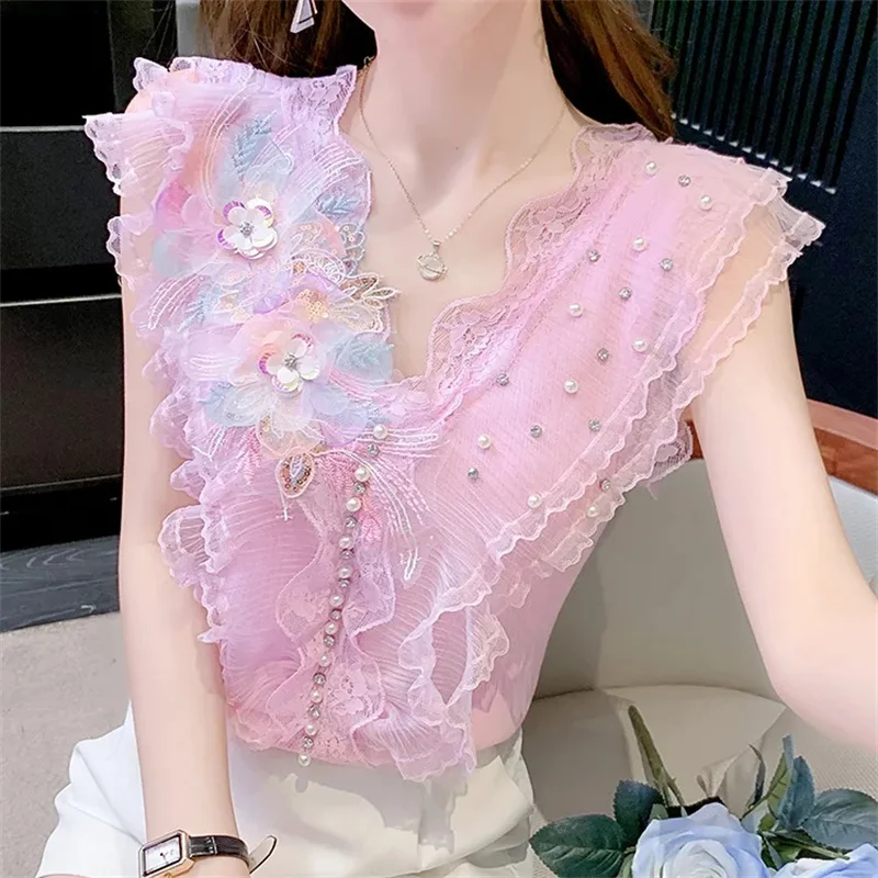2025 Vest Summer Flower Knitting Shirt Female Design Sense Stitching Mesh Ruffled V-Neck Sleeveless Top