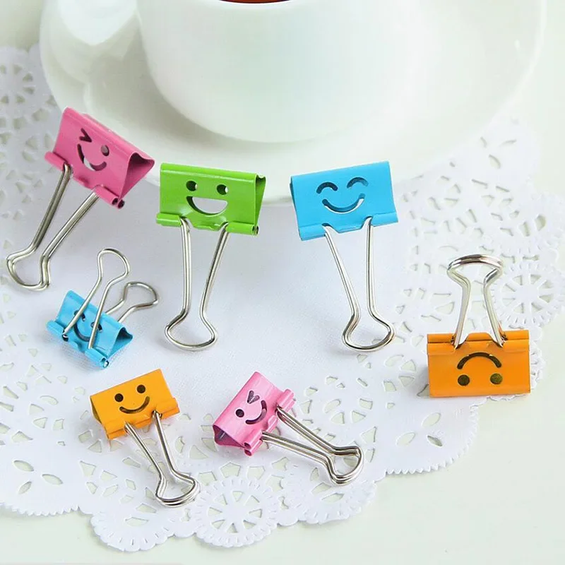 Cute Smile Face Metal Binder Clip, Clipes de papel colorido, Grande e Pequeno Clipe Decorativo, Organizador de arquivos, Escritório e Material