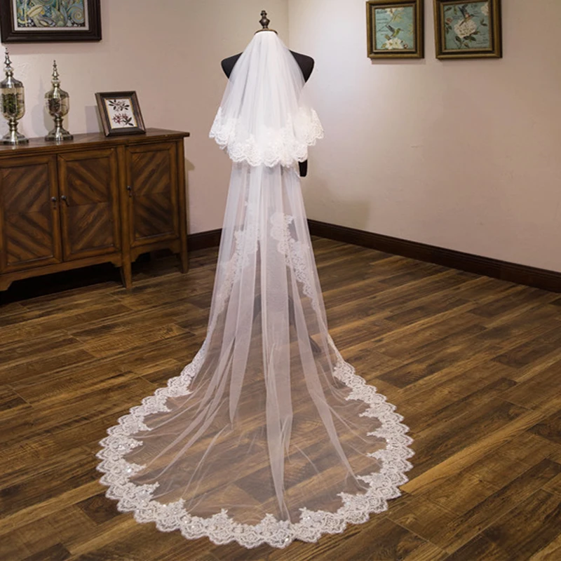 

Real Photos Elegant white Ivory cathedral wedding veil 2026 2 layers wave shaped lace Bridal veil 3m Comb Wedding Accessories