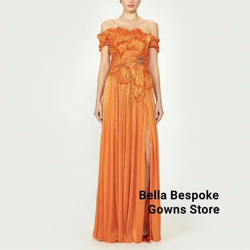 فستان سهرة برتقالي قبالة الكتف مطوي ألف خط مثير حفلة موسيقية فستان رسمي شق الفخذ طول الأرض ثوب مسائي مخصص