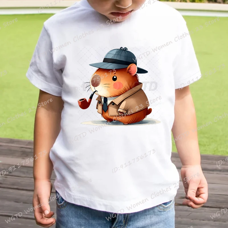 Camiseta con estampado de capibara de dibujos animados, camisetas de verano de manga corta con cuello redondo, camiseta para niños, camiseta de moda con cuello redondo, camisetas informales