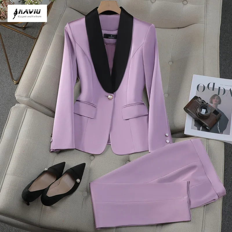 

NAVIU Business Work Wear 2 Piece Set Purple Red Yellow Apricot Long Sleeve Blazer and Trouser Women Pant Suit Formal Work Wear