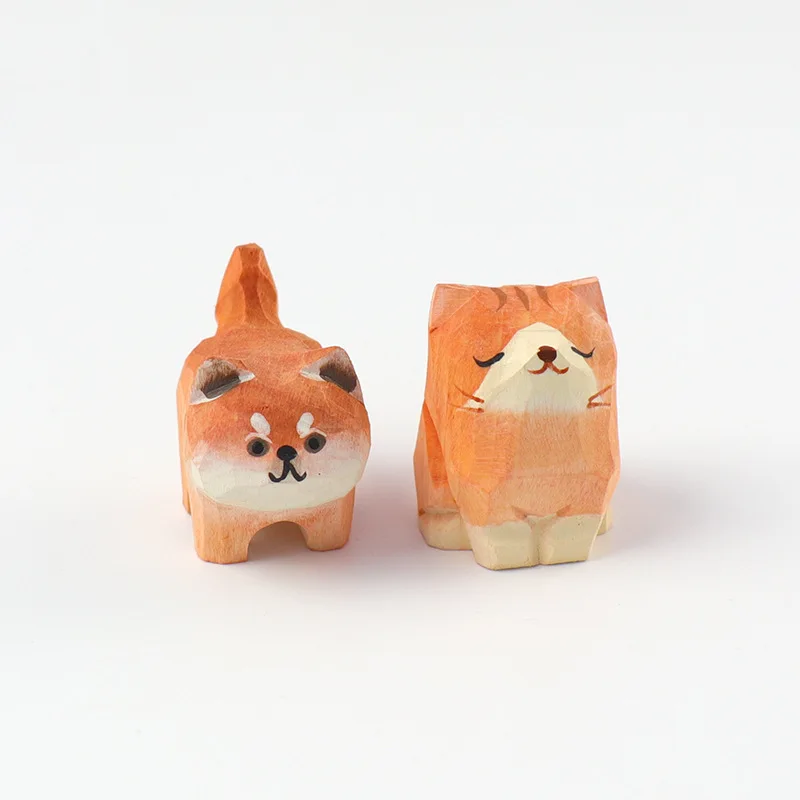 4-5cm Cute Wooden Carving Crafts Cat Dog Ornaments Painted Wood Animal Figurine Statues Home Bar Cafe Table Decor Gifts