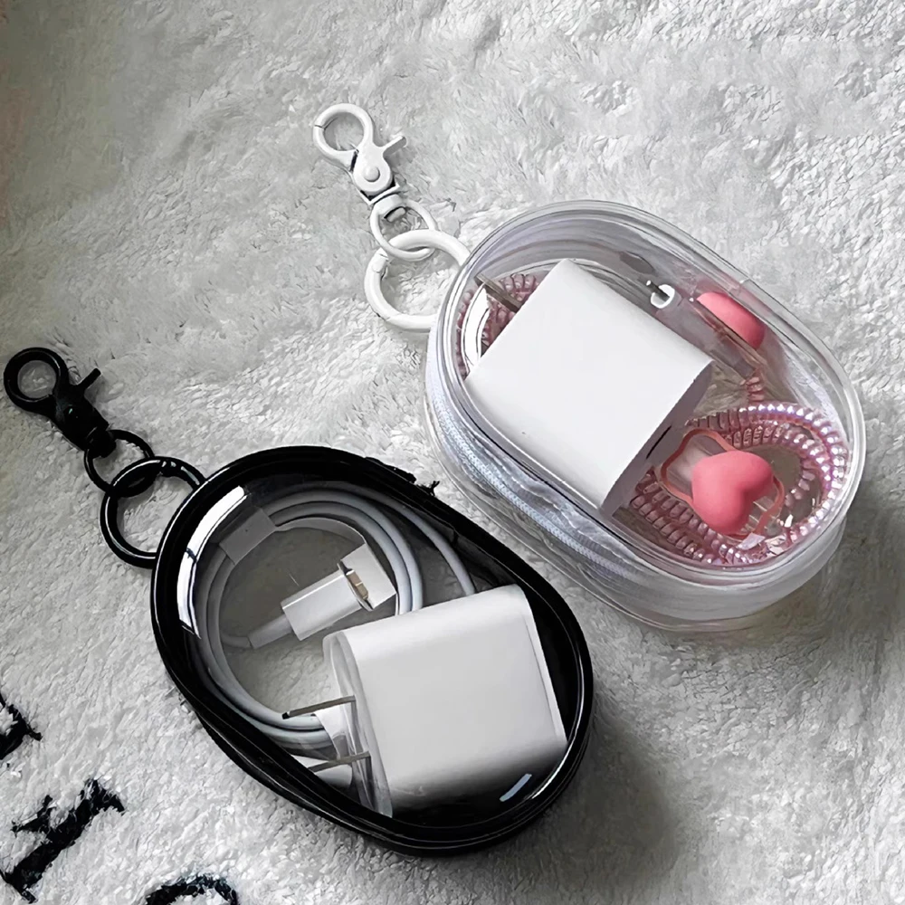 1pc New Round Black PVC Transparent Cosmetic Bags Jewelry Organizer Portable Data Cable Earphone Coin Charger Storage Pouches