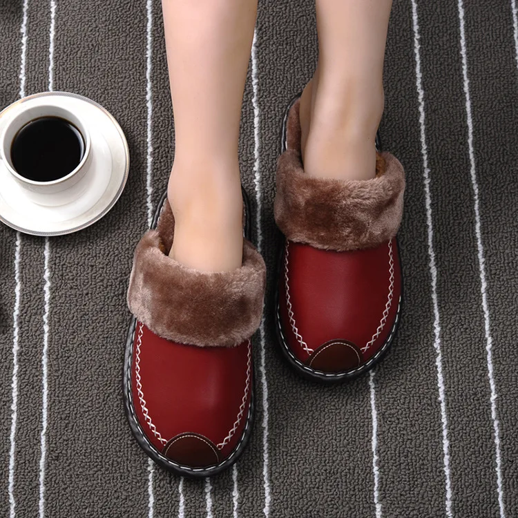 

Black New Men Slippers Winter PU Leather Slippers Warm Indoor Slipper Waterproof Home House Shoes Women Warm Leather Slippers