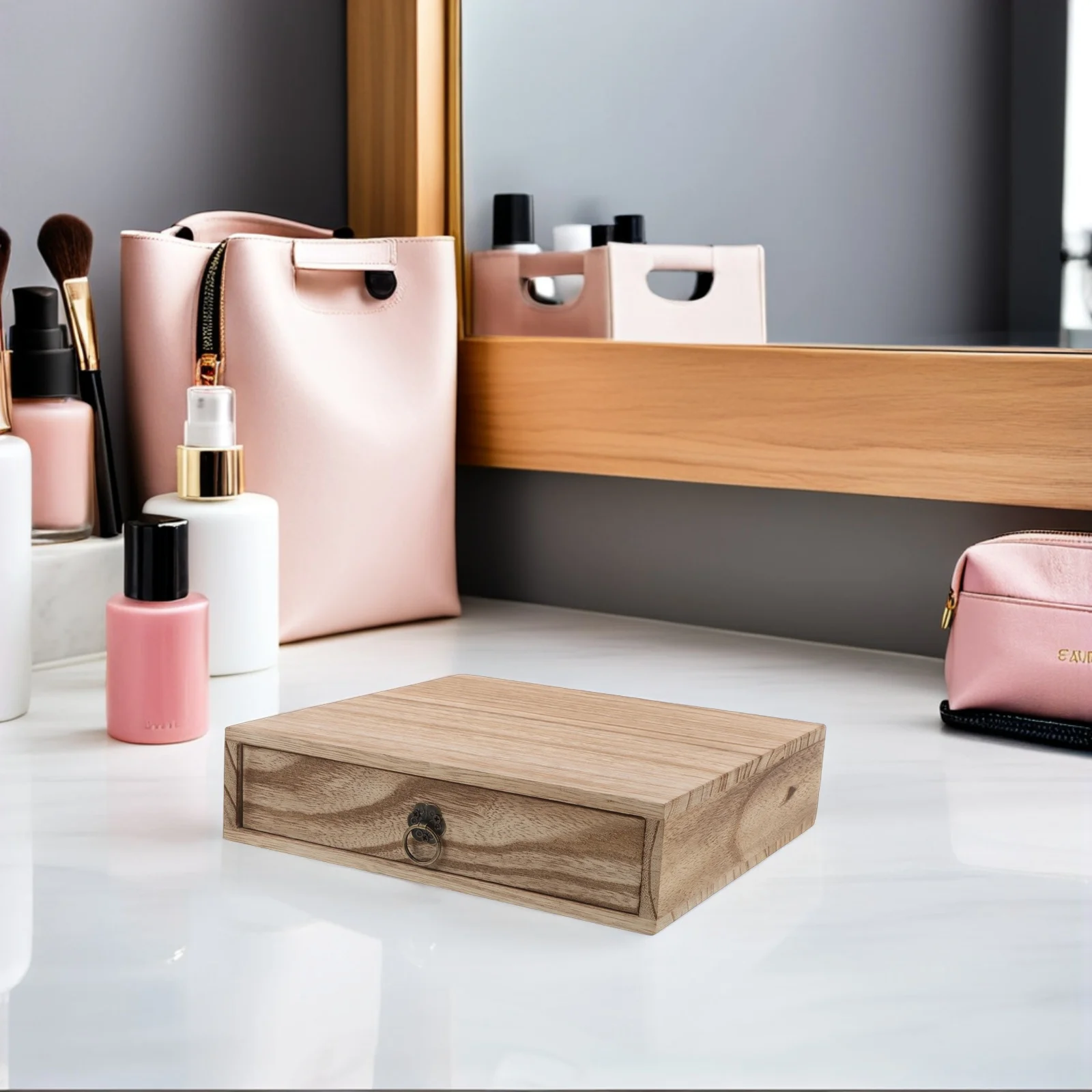 

Wooden Desktop Storage Box with Drawer Compact Organizer for Small Items Bills and School Supplies Retro Style Home Office Desk