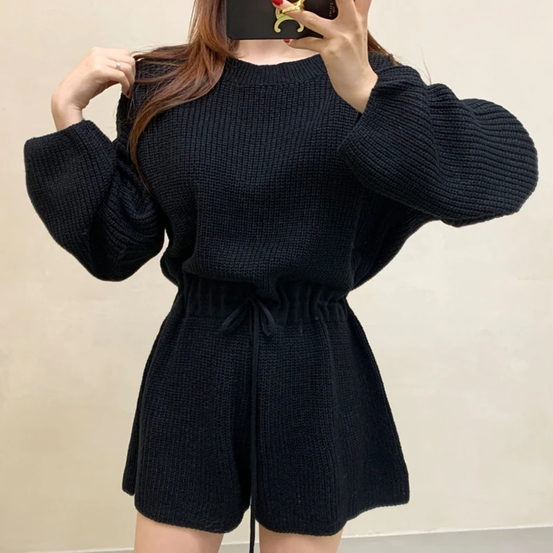 Chic ฤดูใบไม้ร่วง Retro รอบ Ne Dstring เอวยาว Sve ถักขากว้าง Jumpsuit orts ผู้หญิง Faion เดินทาง Sle