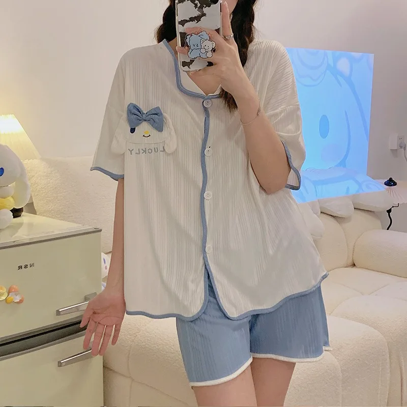 2XL Plus Size Pajamas Set Women Summer Student Loose Loungewear Korean Trend Bear Short Sleeved Shirt and Shorts Two-piece Pj