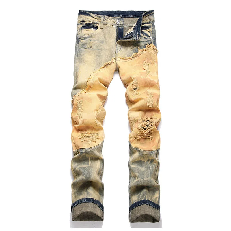 

Mcikkny Men Vintage Ripped Jeans Pants Hip Hop Patchwork Denim Trousers Washed Slim Fit