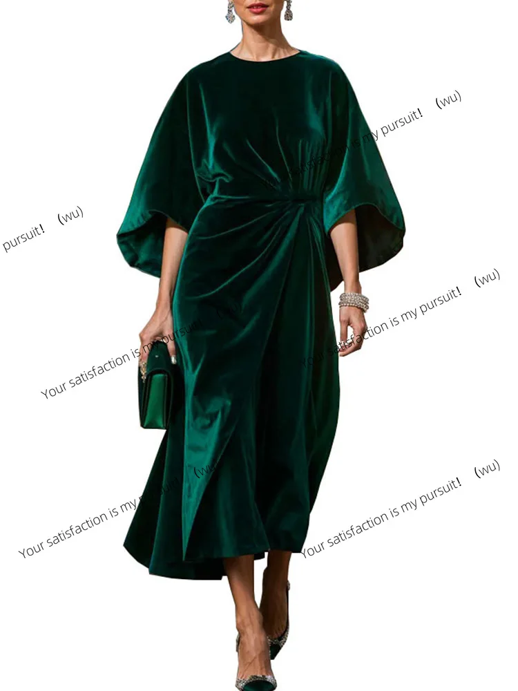 

ZOCI-Elegant and stylish gold velvet waist women's dress, bat wing sleeve dress, spring and autumn plain party dress