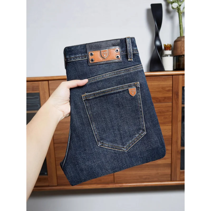 

Темно-синие мужские джинсы в стиле ретро, осенние и зимние повседневные трендовые легкие роскошные эластичные толстые брюки