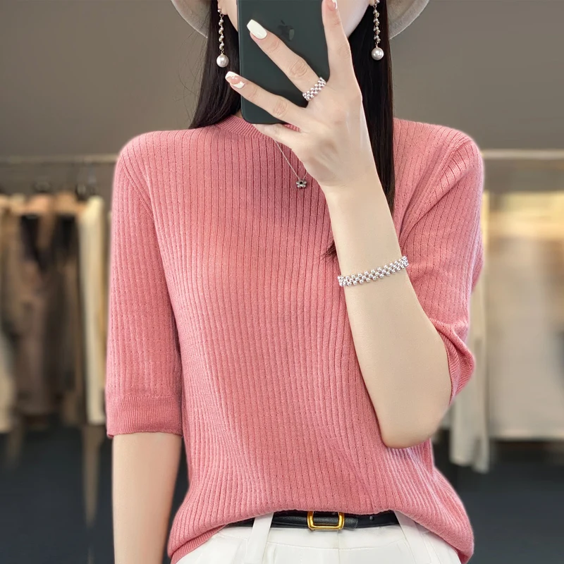 Women's Summer Short Sleeve Fine Imitation Seamless Wool Knit Slim Fit Pullover Half Sleeve Thin Sweater Tank Tops T-shirt Basic