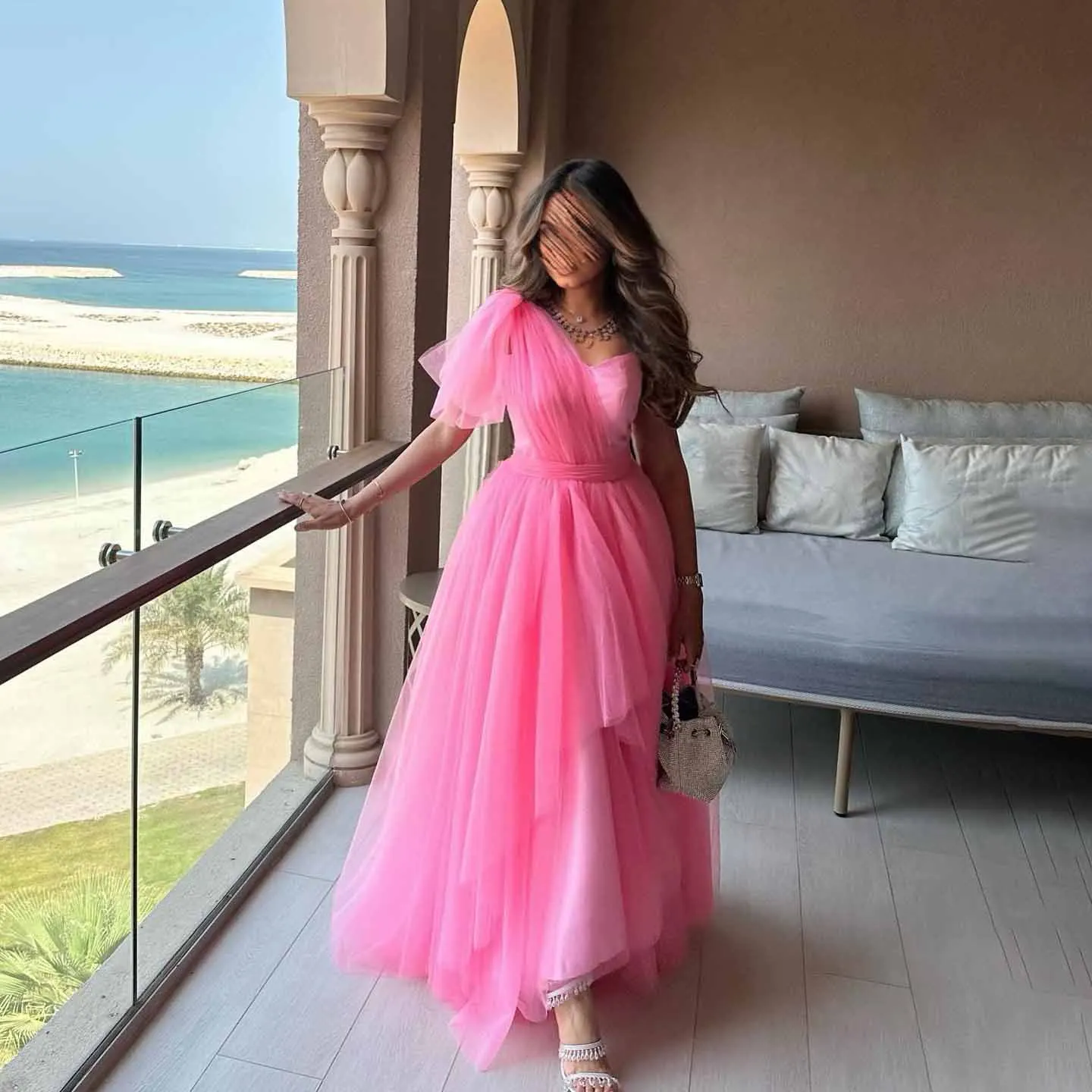 OEING One Shoulder Luxury Formal Evening Dresses Pleat Sleeveless  فساتين سهرة  Floor Length Elegant Prom Growns Party Women