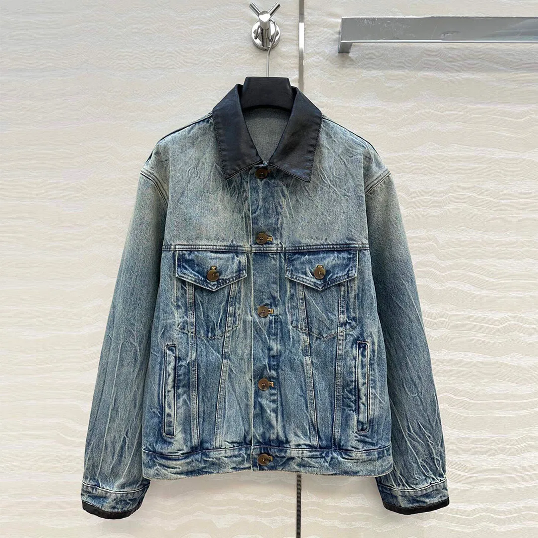 New Autumn Vintage Hot Girl Loose Blue Denim Jacket Women Leather Lapel Long Sleeve Single Breasted Pockets Loose Street Coat