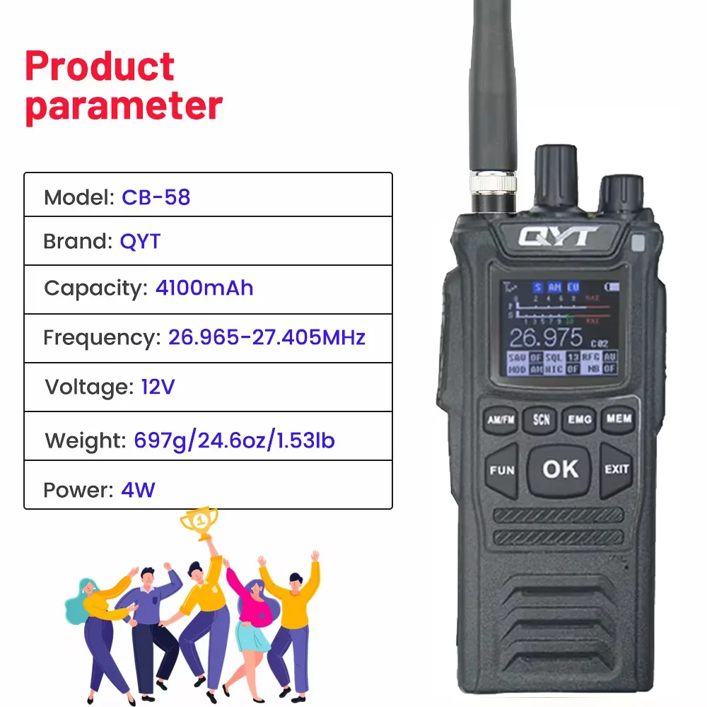 Radio CB originale QYT CB-58 26.965-27.405MHz FM AM Modalità Citizen Band Radio 27MHz Walkie Talkie portatile con radio CB 4100mAh