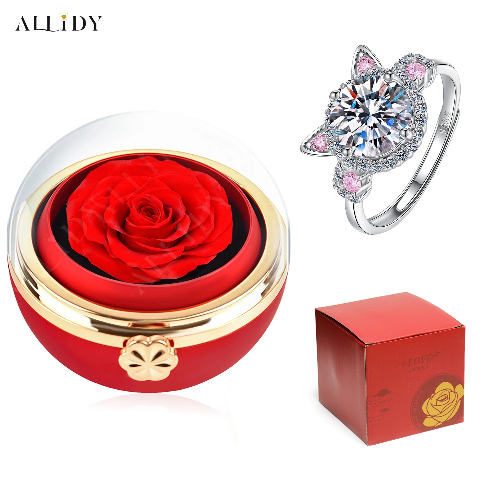 Cute Pink Cat Ring With Real Eternal Rose Jewelry Box Set Valentine's Day Proposal Birthday Anniversary for Girlfriend/Women