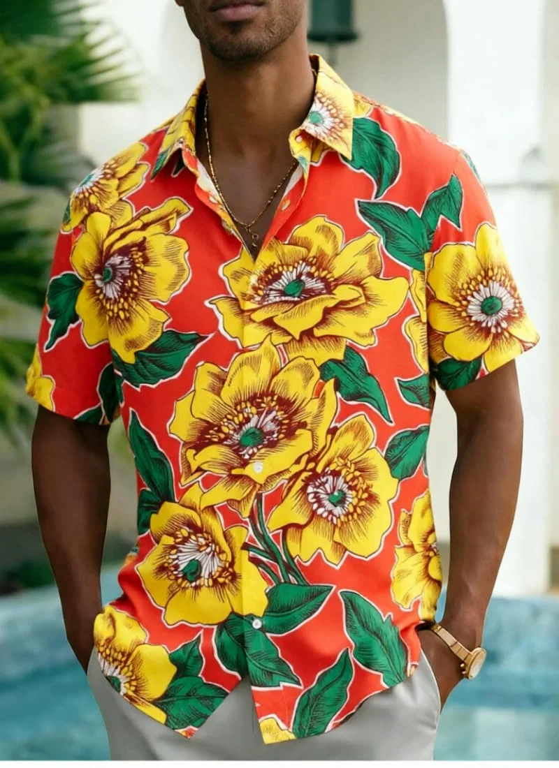 

Men's Tropical Large Flower Print Shirt, Exotic Hawaiian Casual Design for Summer Vacation, Daily Wear & Street Style