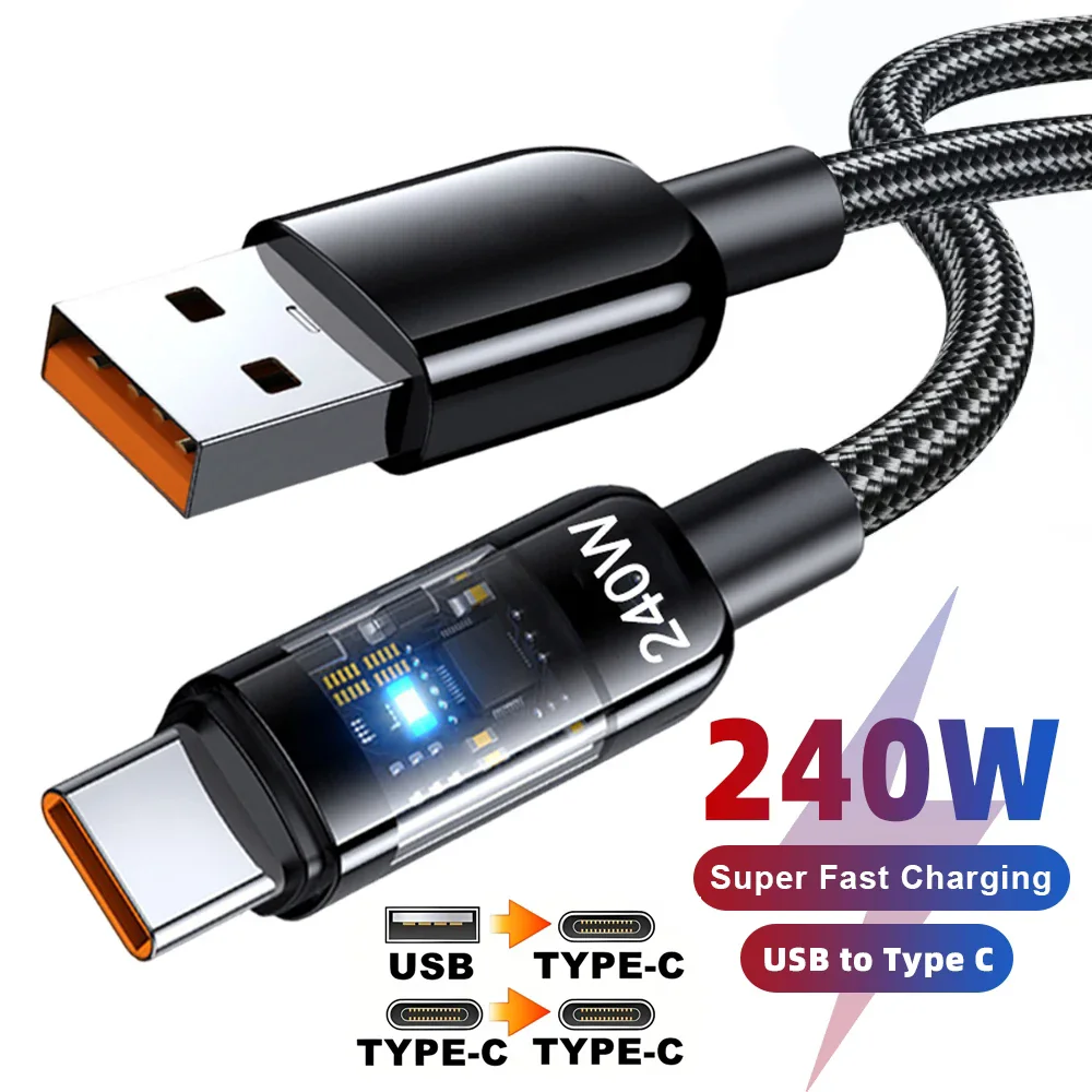 240W Nylon USB Dual Type C Super Fast Charging Cable LED Digital Display USB C Charger Data Cord For Iphone Xiaomi Huawei Honor
