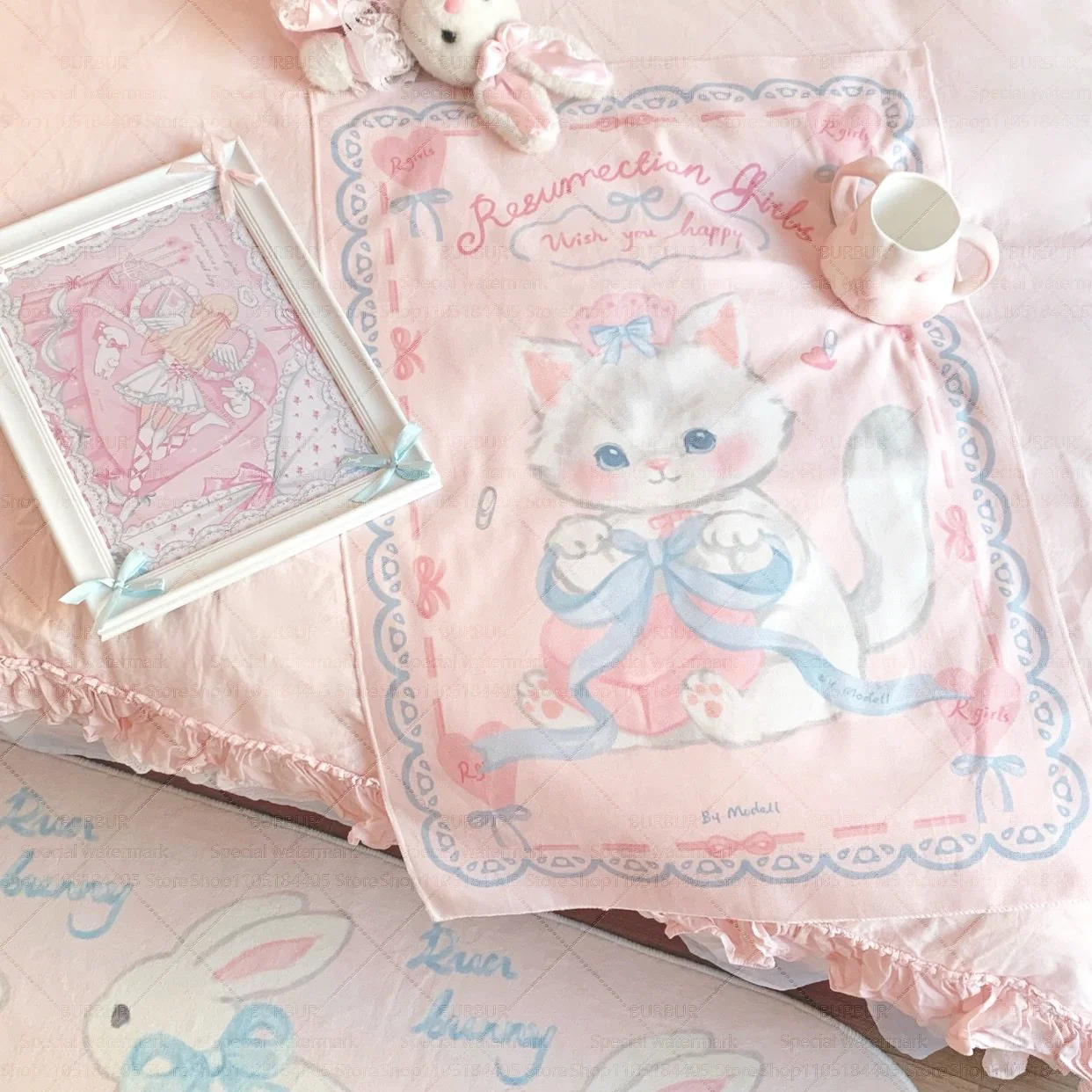 Home wall tapestry cute little bear and kitten, autumn and winter atmosphere, teenage girl, indoor bedroom, dormitory, Instagram