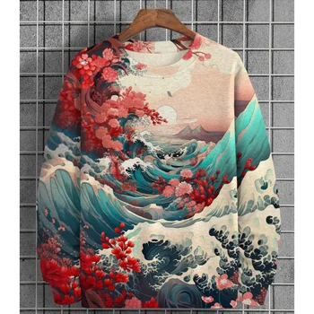 Sweat à capuche imprimé 3D Ukiyoe Sea Wave pour hommes, pull vintage, sweat-shirt à manches longues, sweats à capuche à col rond, graphique végétal, automne