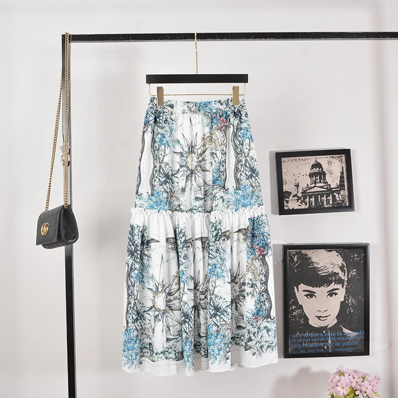 

Summer Floral Print High Waist Midi Skirt for Women A-Line Chiffon Slimming Commuter Friendly Blue Color f-length Skirt