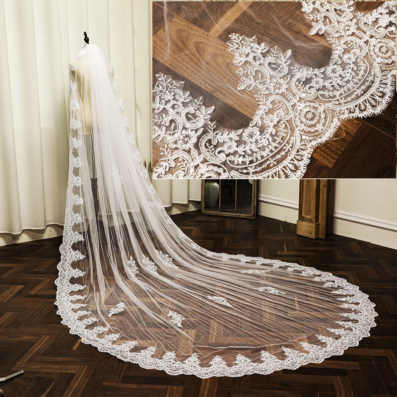 

Wedding Accessories White/Ivory Wedding Veil 350cm Long Lace Appliqued Metal Comb Mariage Cathedral Bridal Veil Veu De Noiva