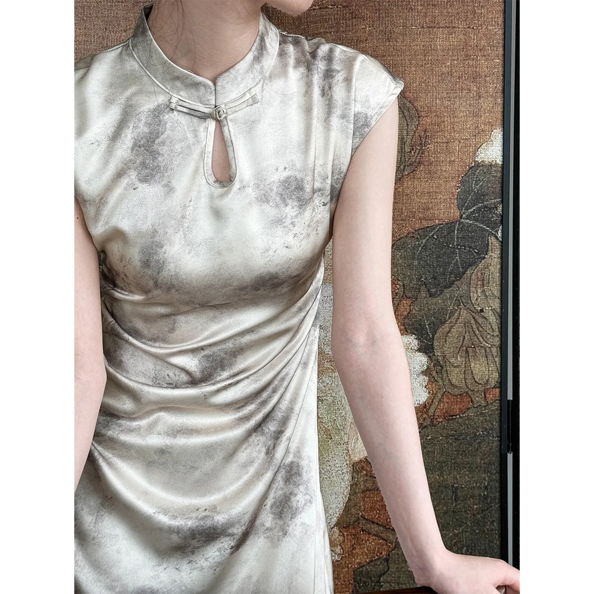 Estate Nuovo Stile Cinese Qipao Vestito Delle Donne Elegante Tie-Dye Jacquard Abito Midi con Vita Smocked Moderno Cheongsam Alla Moda