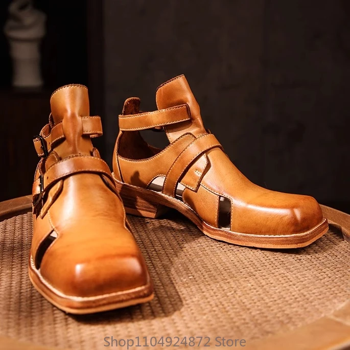 Handmade Men High-top Sandals Genuine Leather Retro Hollow Luxury Gladiator Shoes Outdoor Premium Square Toe Hiking Sandals