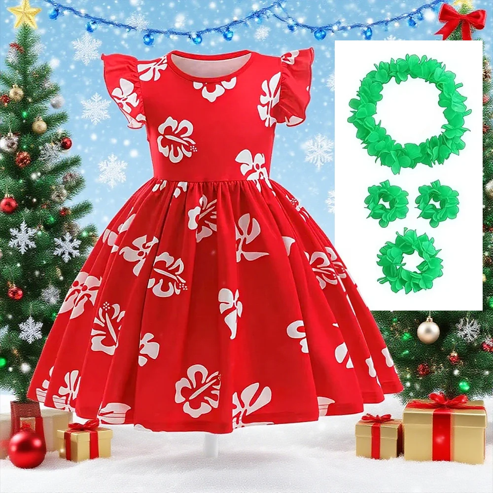 Children's Casual Summer Dresses Girl Flower Print Christmas Princess Dress Hawaiian Beach Style Girls Party Dresses+Accessory
