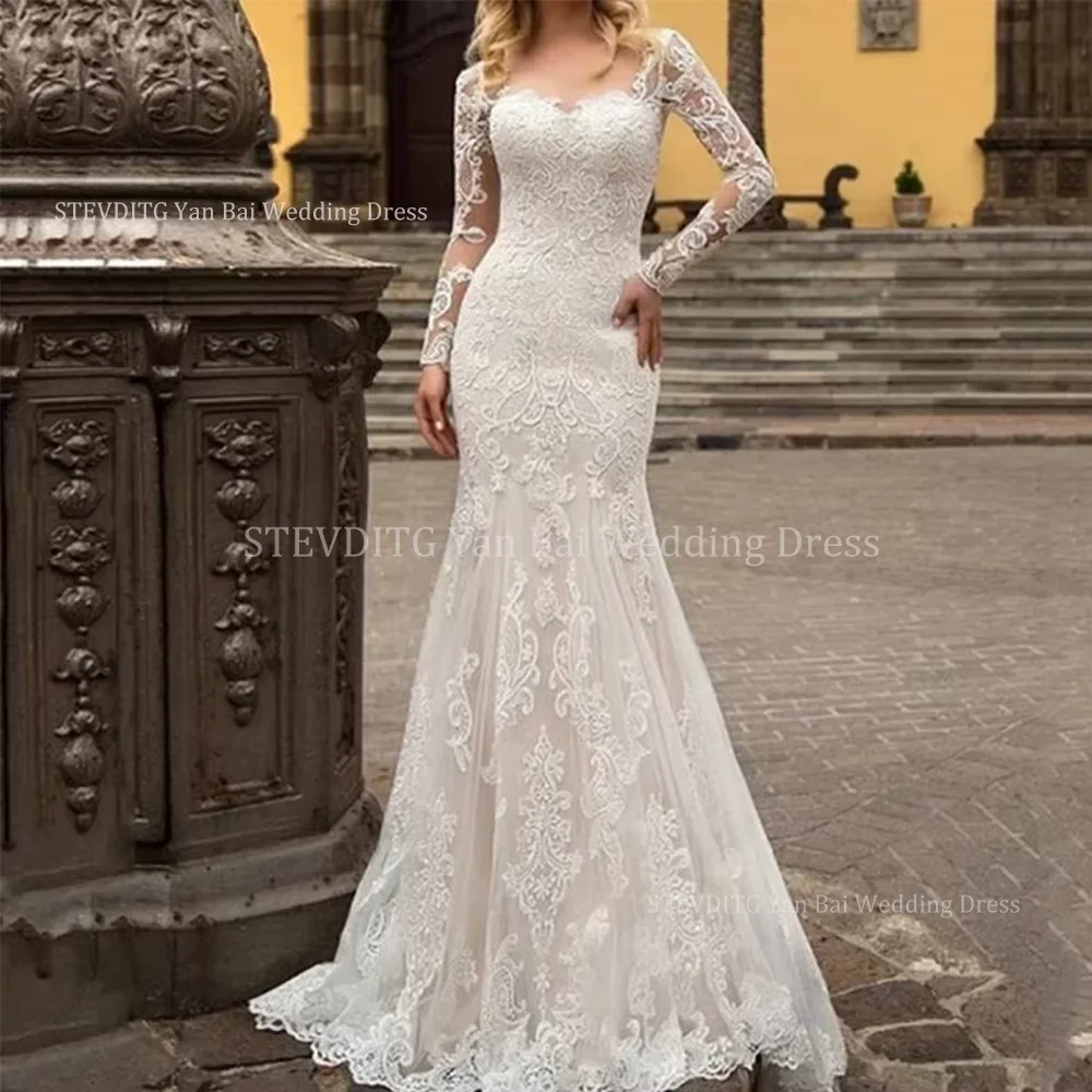 Elegant Mermaid Wedding Dresses Fashion Long Lace Sleeves Sweetheart Beach Bridal Gown 2025 Applique Tulle Sweep Train Robe