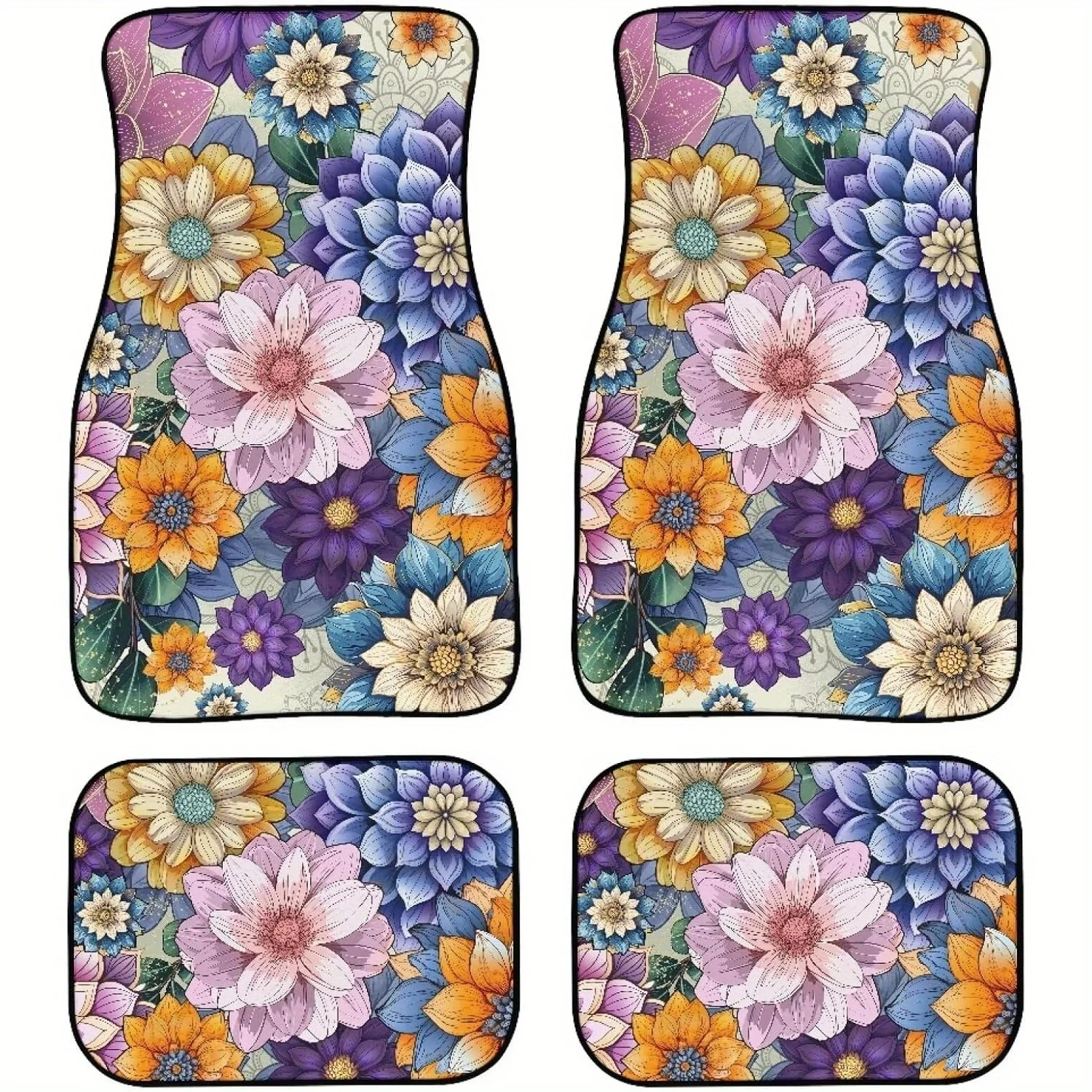 4pcs Heavy-Duty Rubber All-Weather Boho Flower Blossoms Floor Mats For Cars, Trucks,, SUVs - Fit Car Liners With Boho Floral Des