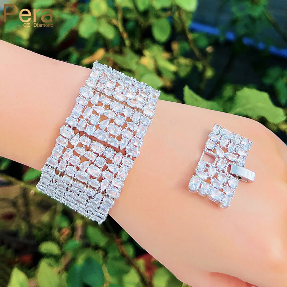 Pera Heavy Work Full White Cubic Zircon Chunky Statement Big Wide Tennis Bracelets Bangles for Women Wedding Bridal Jewelry B243