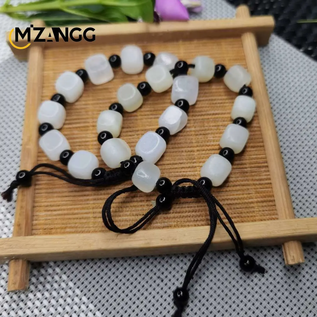 Natural Chinese White Jade Qingyu Bracelet Small Square Hand String Fashion Charm Jewelry Lucky Mascot Men's and Women's Gifts