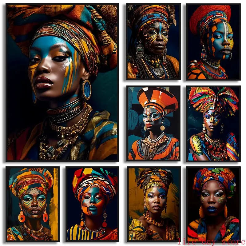 امرأة أفريقية قماش الفن الذهب الأسود مجوهرات جدار ديكور لغرفة المعيشة
