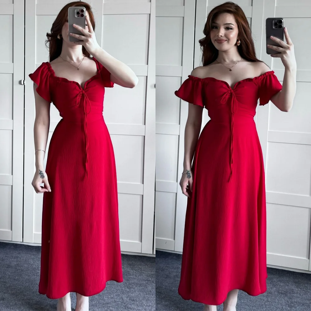 Customized Elegant Square Collar Evening Dress and Simple Jersey Special Occasion Gowns and Classic Short Sleeves Prom Dresses