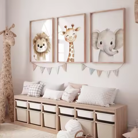 3pcs Safari Animal Nursery Prints Watercolor Lion Giraffe Elephant Wall Art Room Decor Boho Jungle Animals Boy Girl Gift Posters