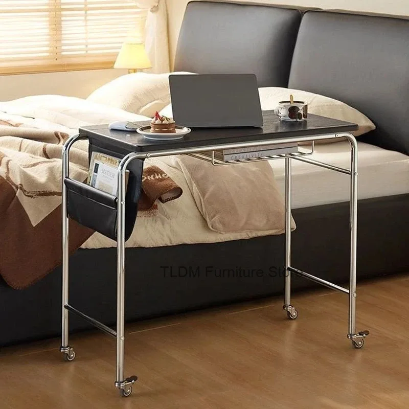 with Mobile Sofa Bedside Lazy Side Table Portable with Rolling Desk Casters - Storage Pocket for Laptop Snack Bedroom Home Decor